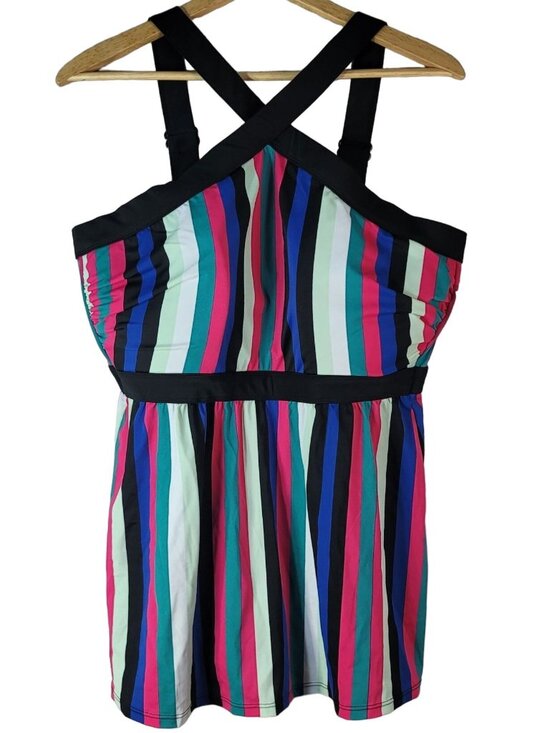 Swim By Cacique Other - Cacique Swim No Wire Tankini Black Multicolor SZ 18 Lightly Lined Striped NEW